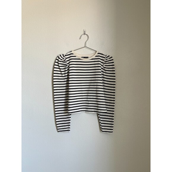 Zara Women's Stripe Puff Sleeve Sweatshirt in Ivory/Black Size SMALL - Picture 1 of 4